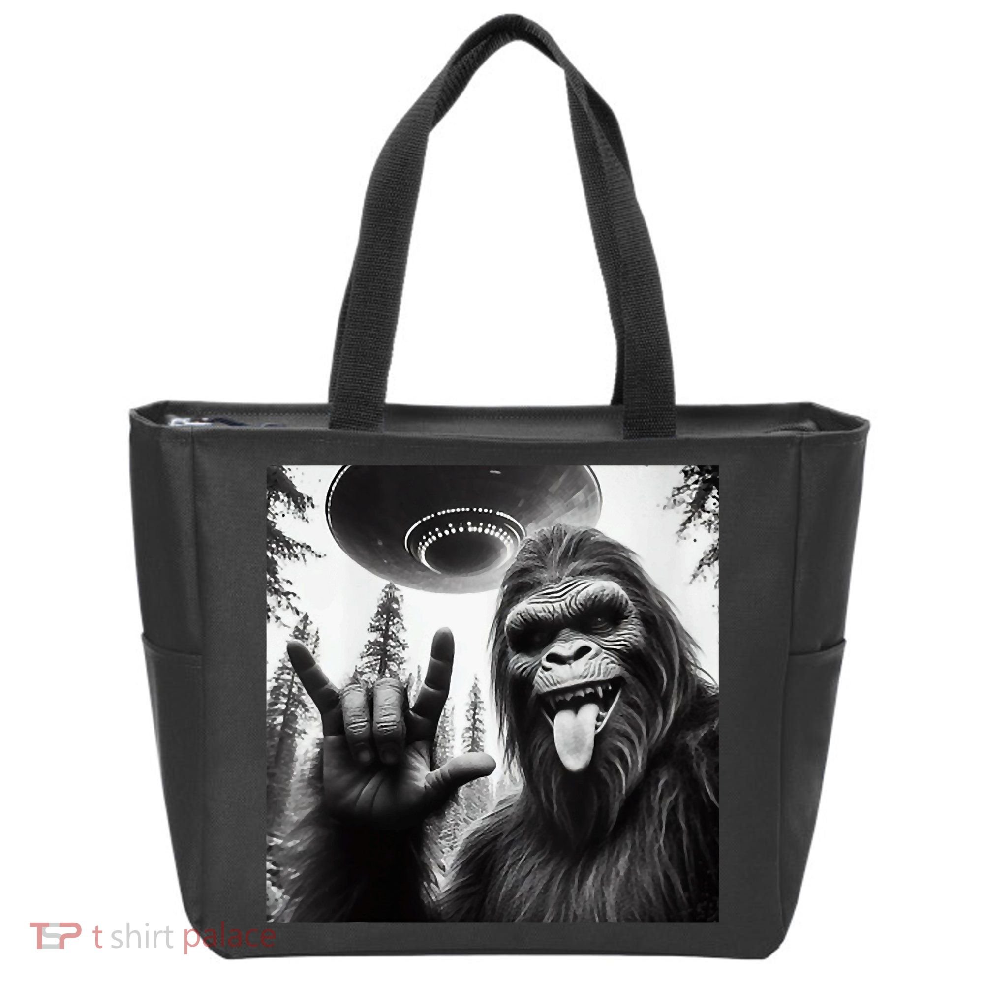 Funny Sasquatch Bigfoot Rock On Selfie With Ufo Alien Tote Bag