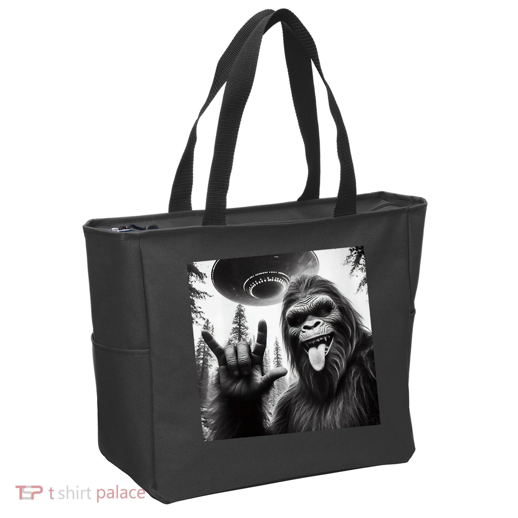 Funny Sasquatch Bigfoot Rock On Selfie With Ufo Alien Tote Bag