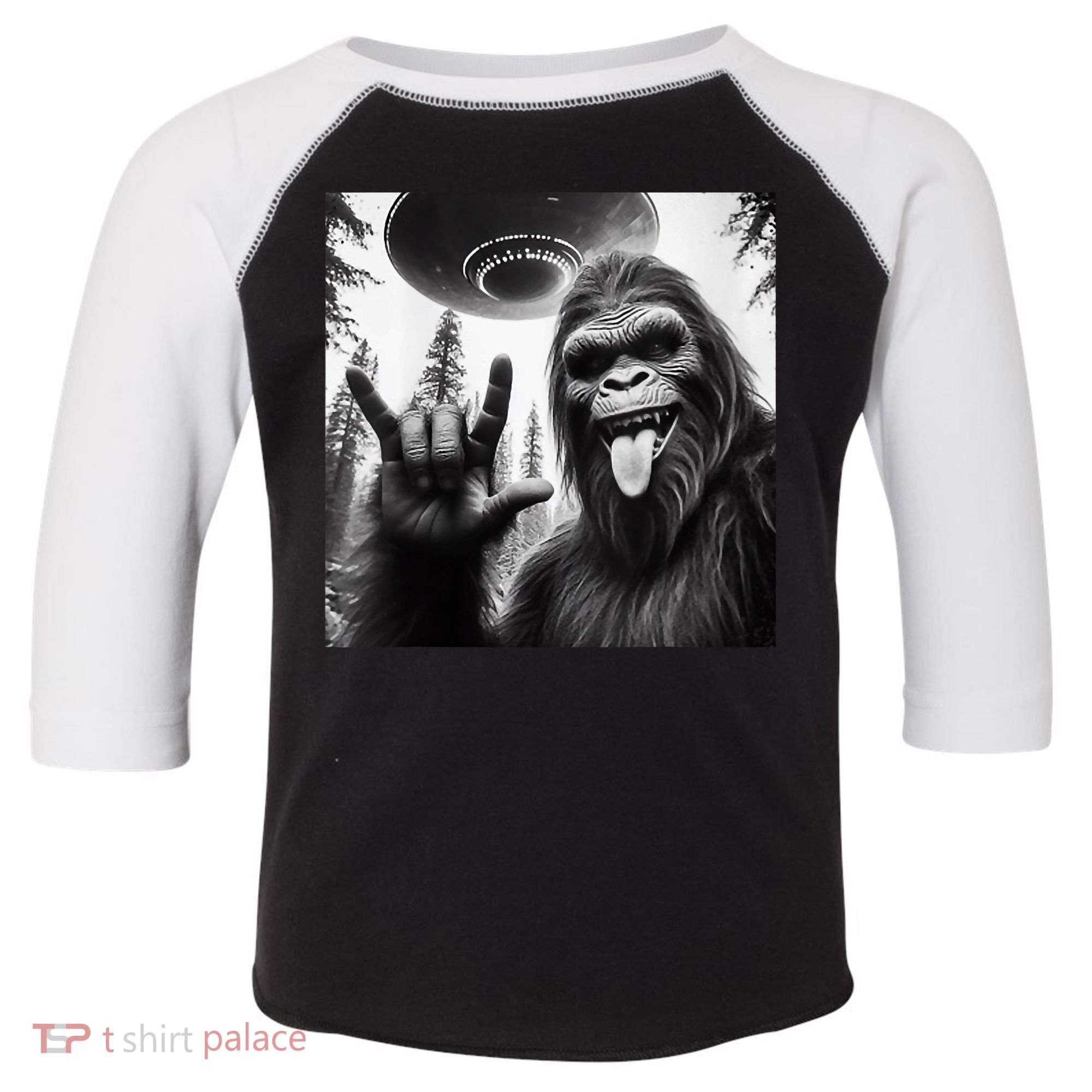 Funny Sasquatch Bigfoot Rock On Selfie With Ufo Alien Toddler Fine Jersey T-Shirt