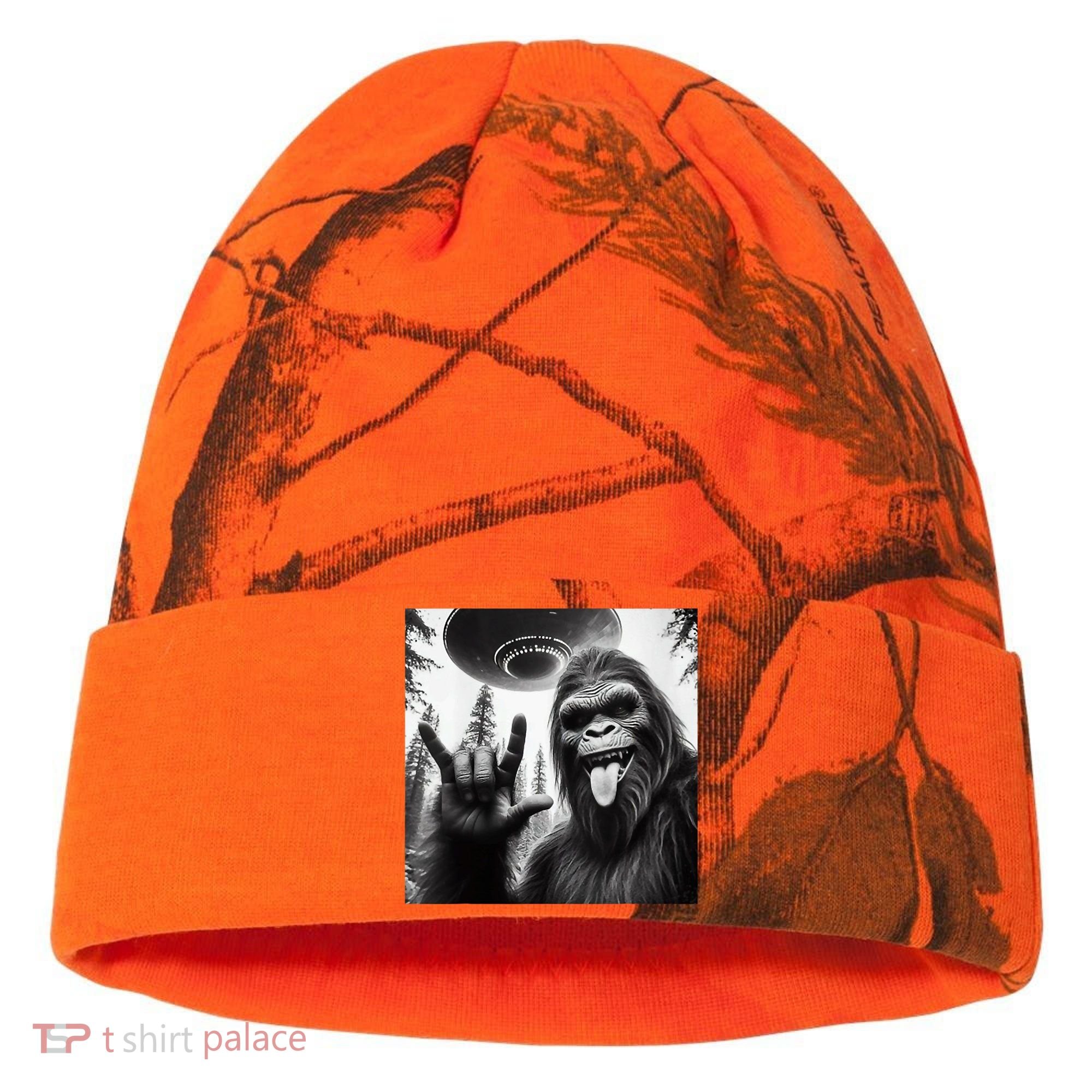 Funny Sasquatch Bigfoot Rock On Selfie With Ufo Alien Kati Licensed 12" Camo Cuffed Beanie