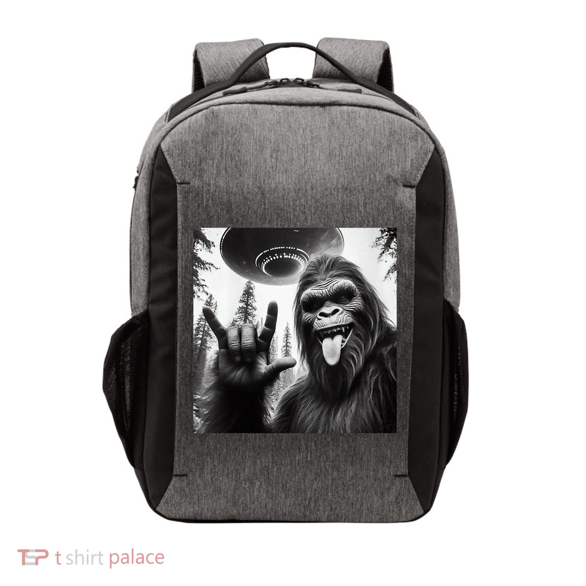 Funny Sasquatch Bigfoot Rock On Selfie With Ufo Alien Vector Backpack