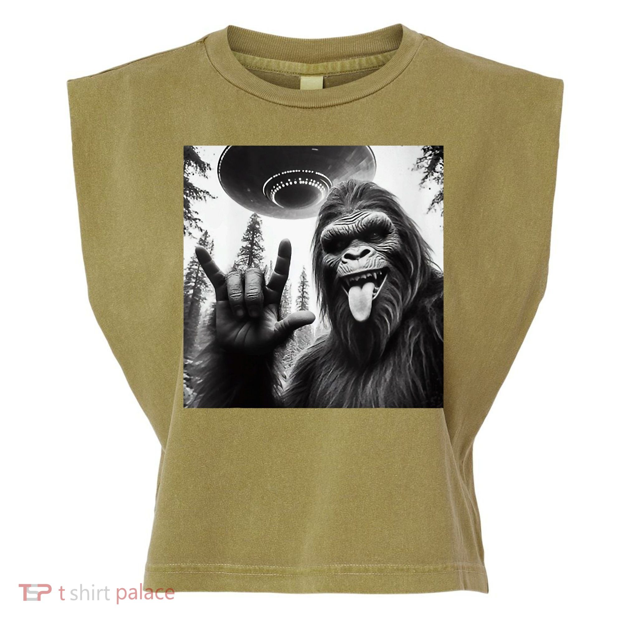 Funny Sasquatch Bigfoot Rock On Selfie With Ufo Alien Garment-Dyed Women's Muscle Tee