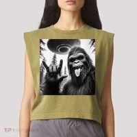 Funny Sasquatch Bigfoot Rock On Selfie With Ufo Alien Garment-Dyed Women's Muscle Tee thumb 2