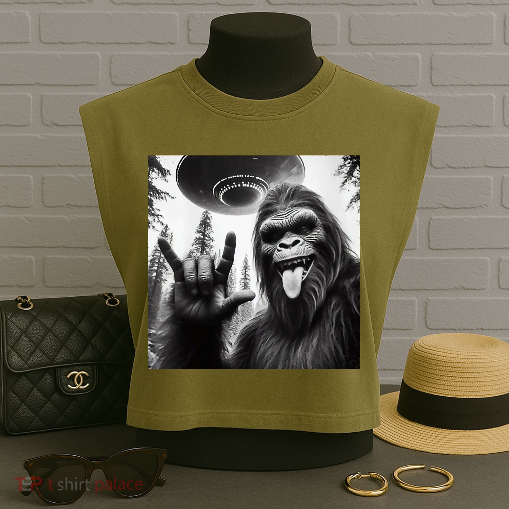Funny Sasquatch Bigfoot Rock On Selfie With Ufo Alien Garment-Dyed Women's Muscle Tee