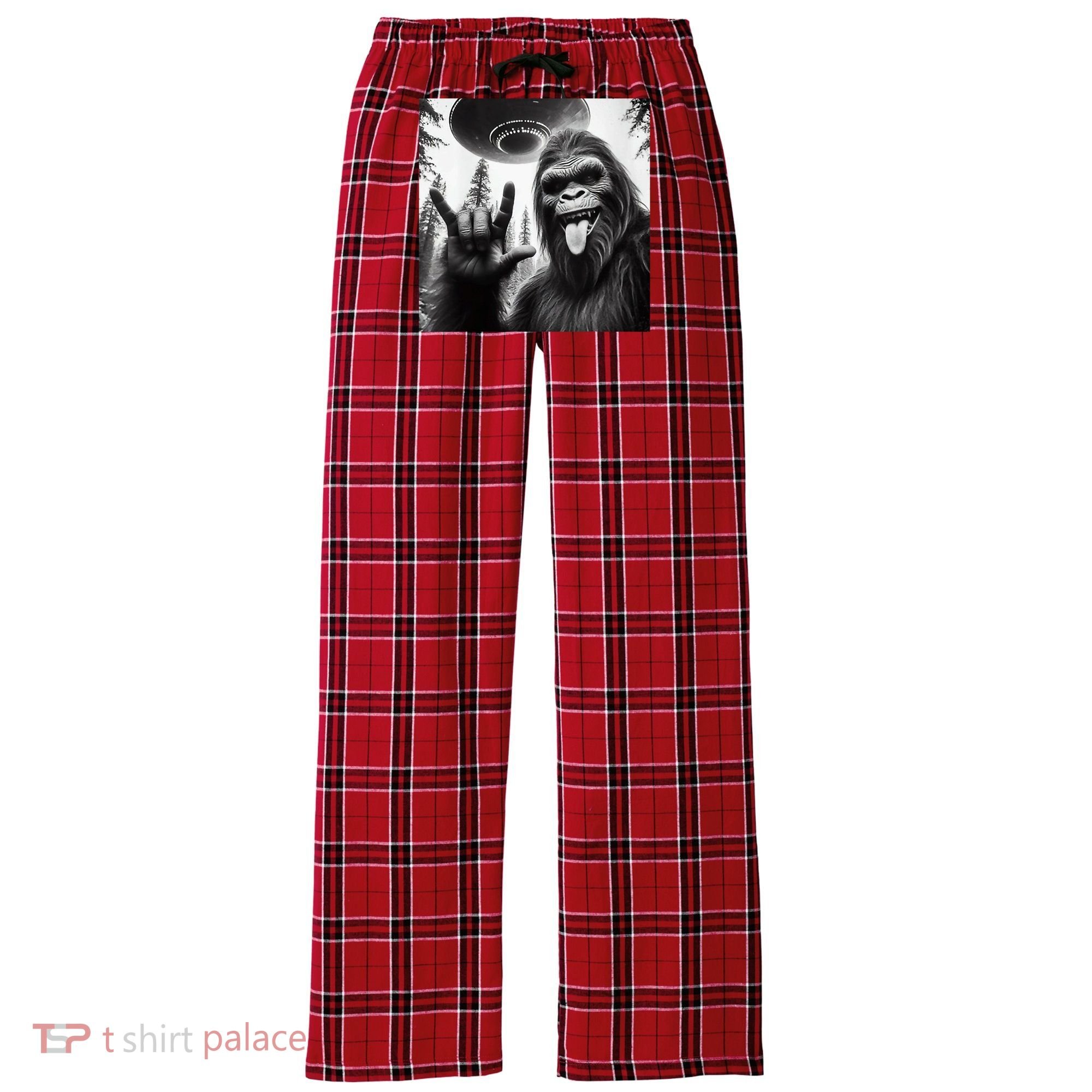 Funny Sasquatch Bigfoot Rock On Selfie With Ufo Alien Women's Flannel Plaid Pajama Pants