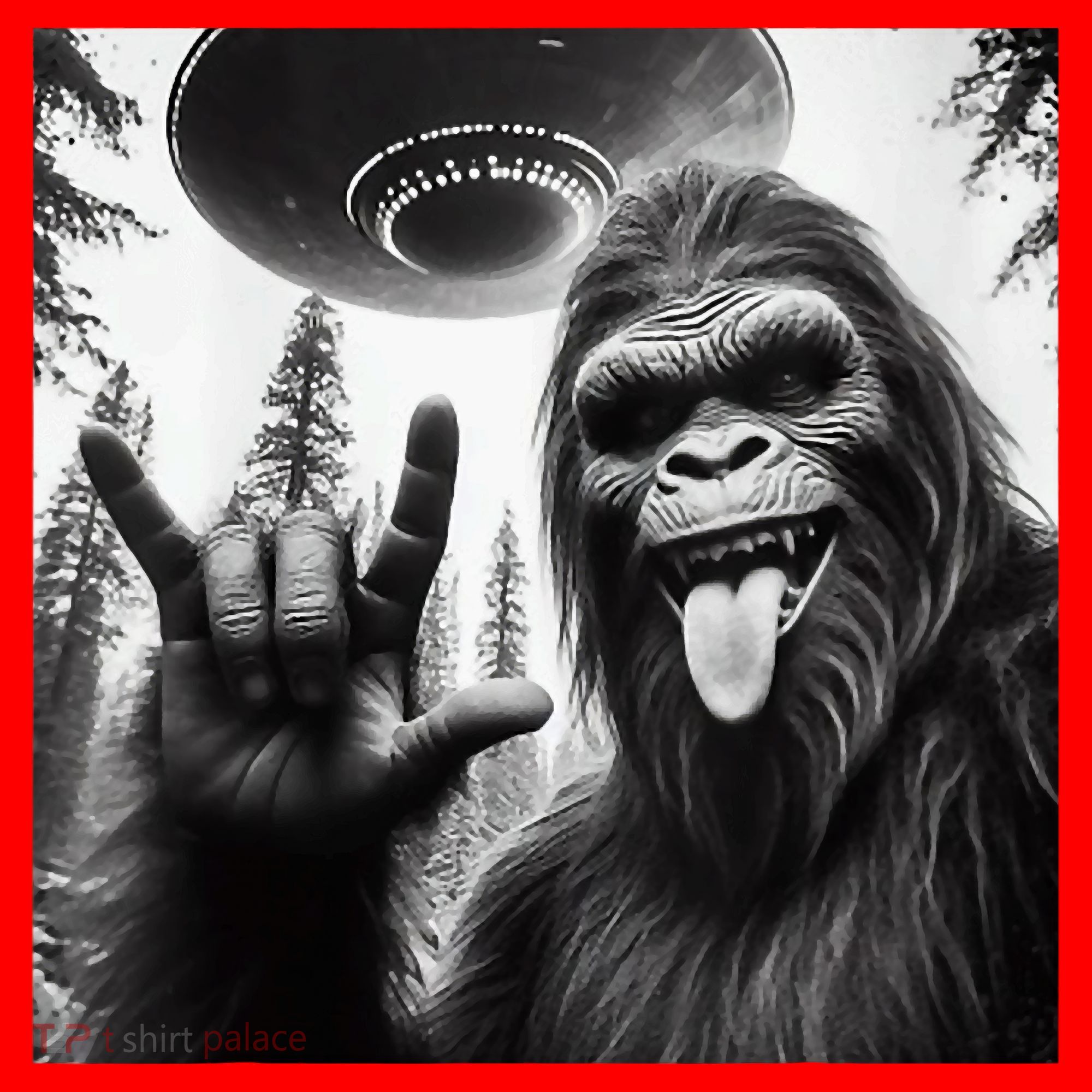 Funny Sasquatch Bigfoot Rock On Selfie With Ufo Alien Santa Hat