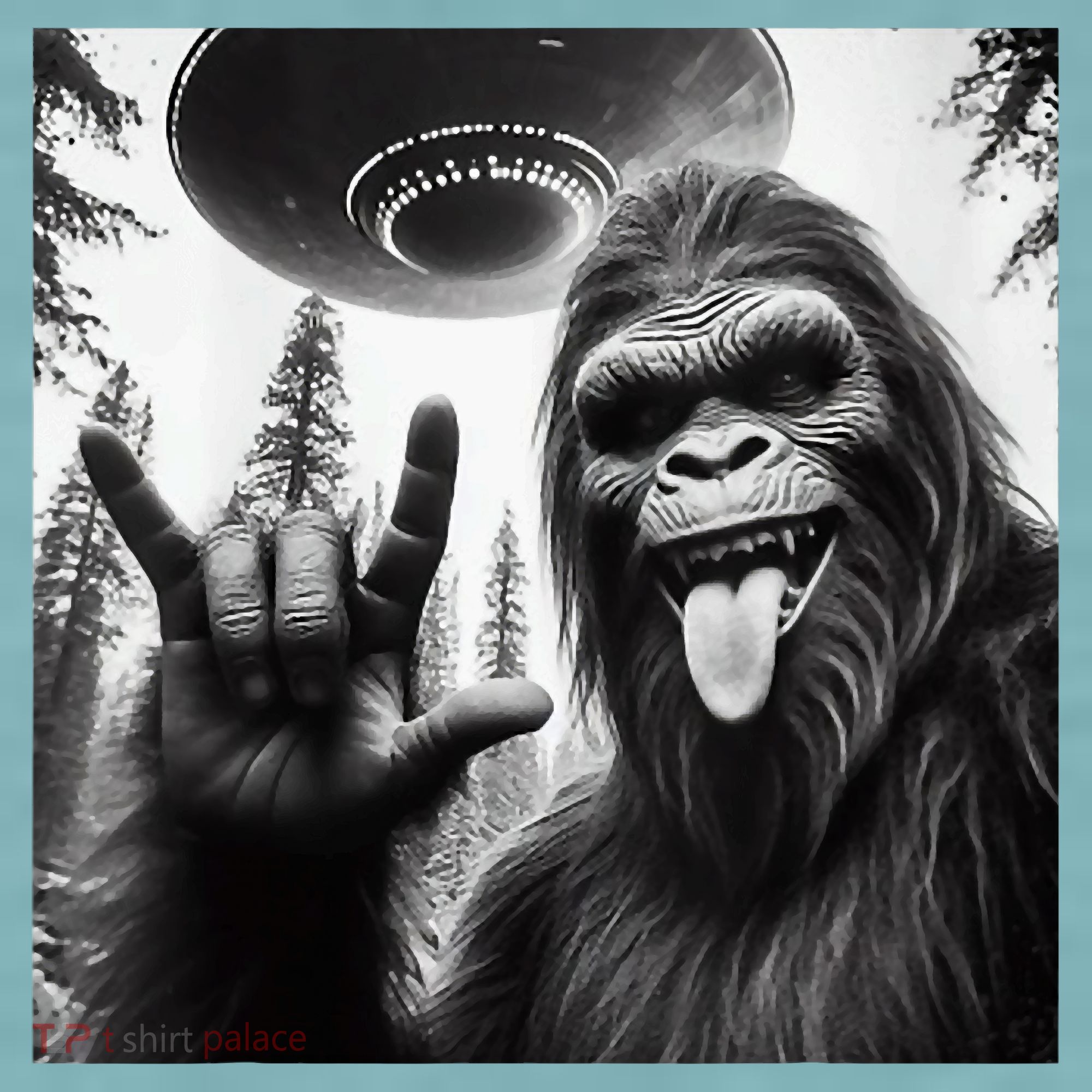 Funny Sasquatch Bigfoot Rock On Selfie With Ufo Alien Sueded Cloud Jersey T-Shirt