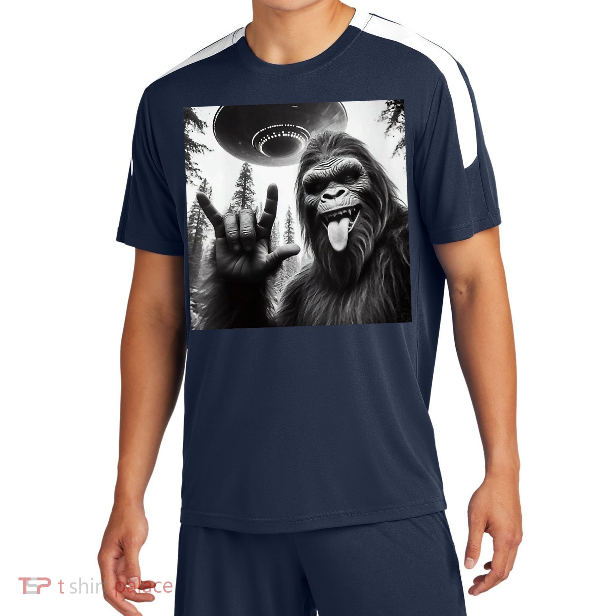 Funny Sasquatch Bigfoot Rock On Selfie With Ufo Alien Soccer Jersey