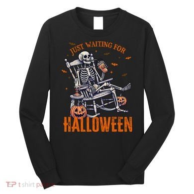 Funny Skeleton Christmas Design Just Waiting For Halloween Long Sleeve Shirt