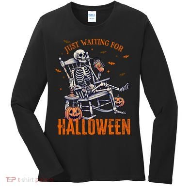 Funny Skeleton Christmas Design Just Waiting For Halloween Women's Long Sleeve Shirt