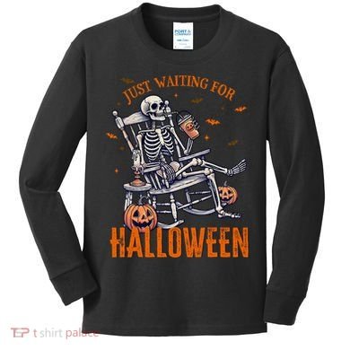 Funny Skeleton Christmas Design Just Waiting For Halloween Kids Long Sleeve Shirt