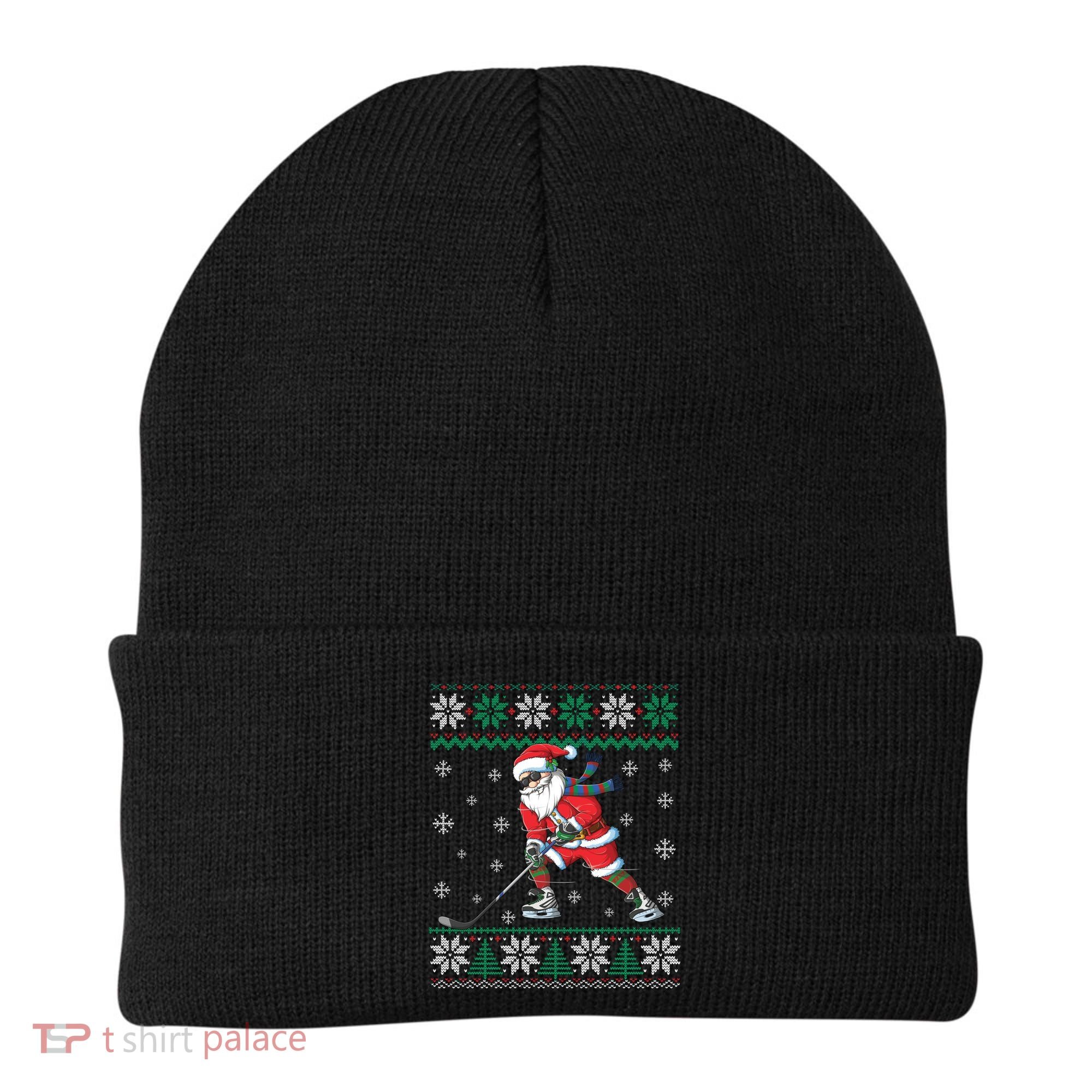 Funny Santa Claus Christmas Ice Hockey Ugly Sweater Boys Great Gift Beanie