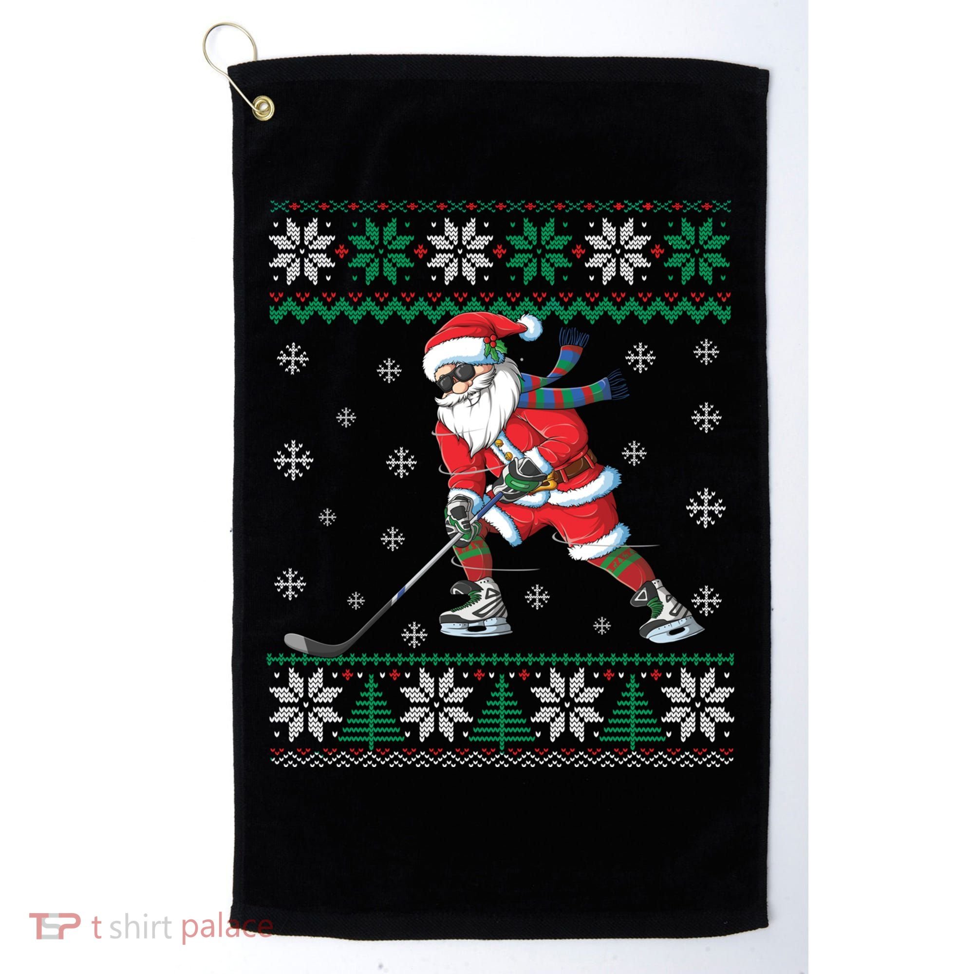 Funny Santa Claus Christmas Ice Hockey Ugly Sweater Boys Great Gift Golf Towel