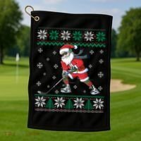 Funny Santa Claus Christmas Ice Hockey Ugly Sweater Boys Great Gift Golf Towel thumb 1