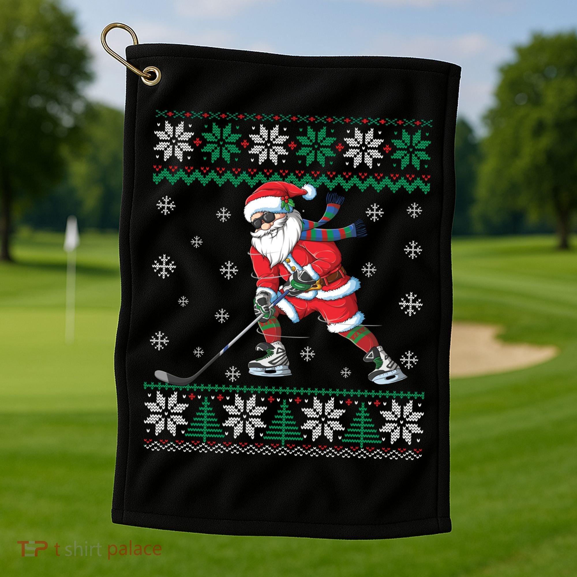 Funny Santa Claus Christmas Ice Hockey Ugly Sweater Boys Great Gift Golf Towel