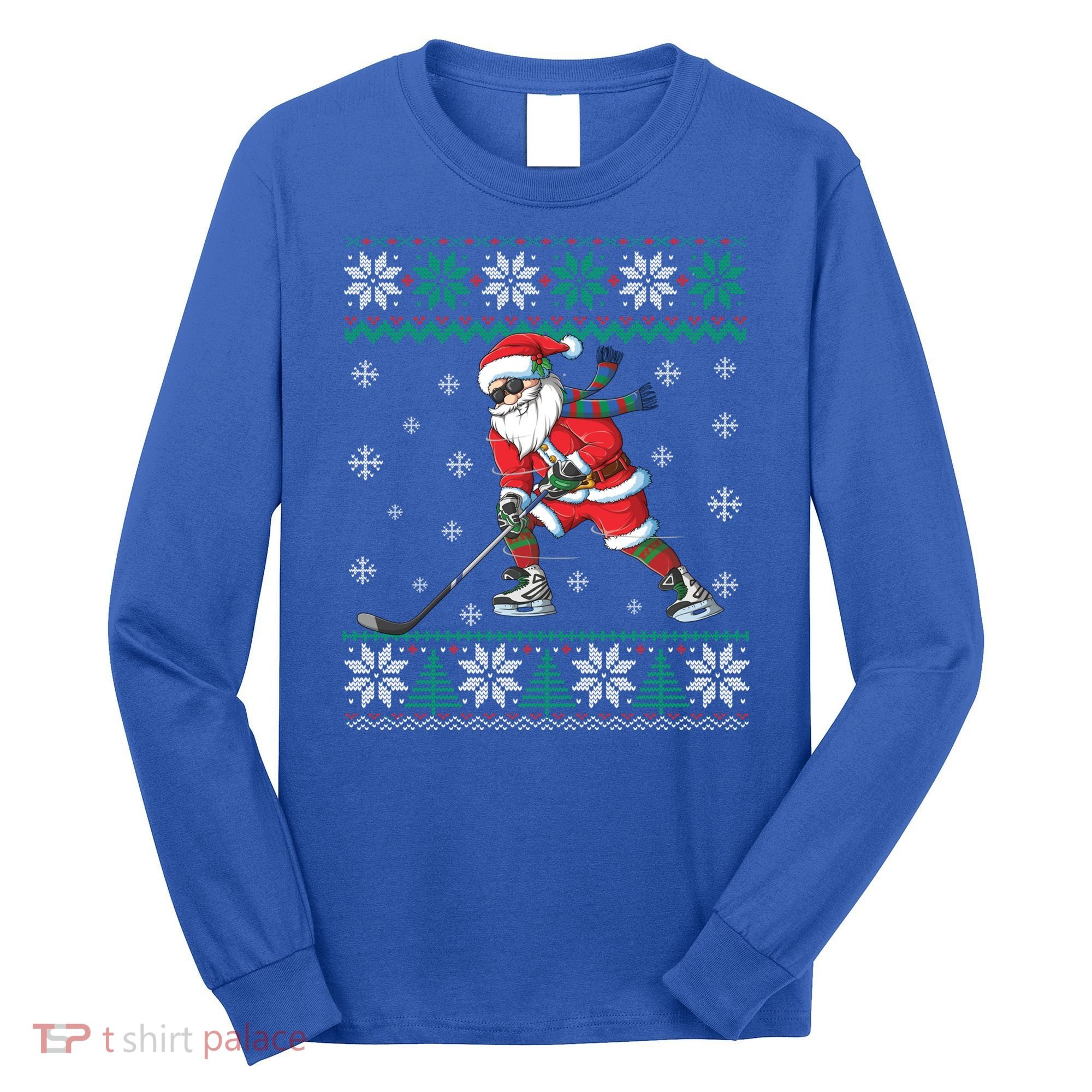 Funny Santa Claus Christmas Ice Hockey Ugly Sweater Boys Great Gift Long Sleeve Shirt