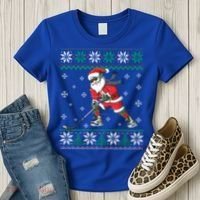 Funny Santa Claus Christmas Ice Hockey Ugly Sweater Boys Great Gift Women's T-Shirt thumb 3