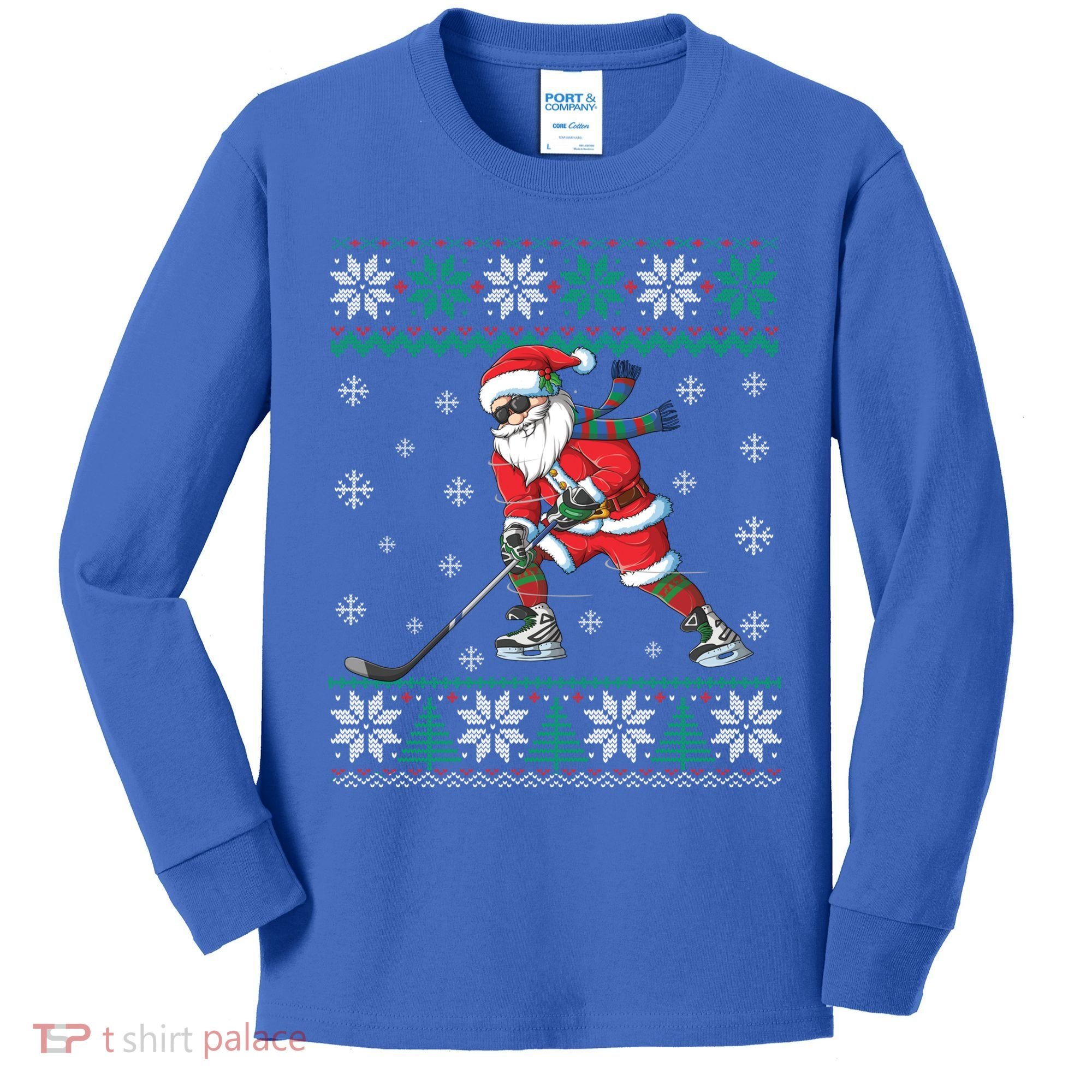 Funny Santa Claus Christmas Ice Hockey Ugly Sweater Boys Great Gift Kids Long Sleeve Shirt