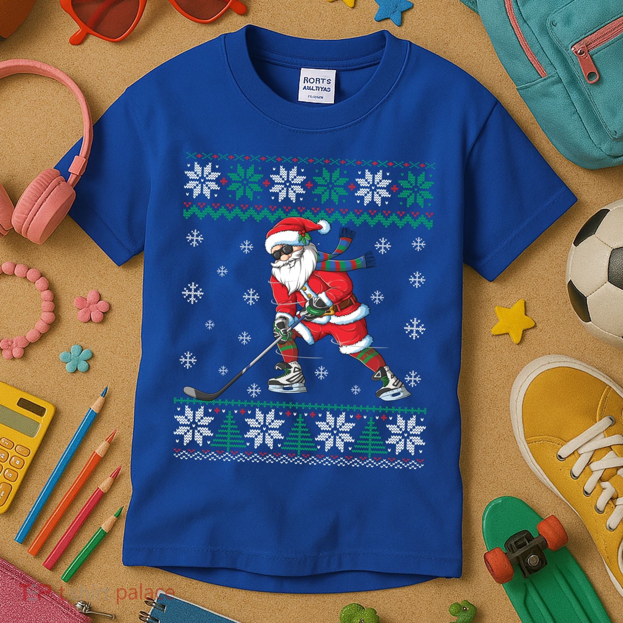 Funny Santa Claus Christmas Ice Hockey Ugly Sweater Boys Great Gift Kids T-Shirt