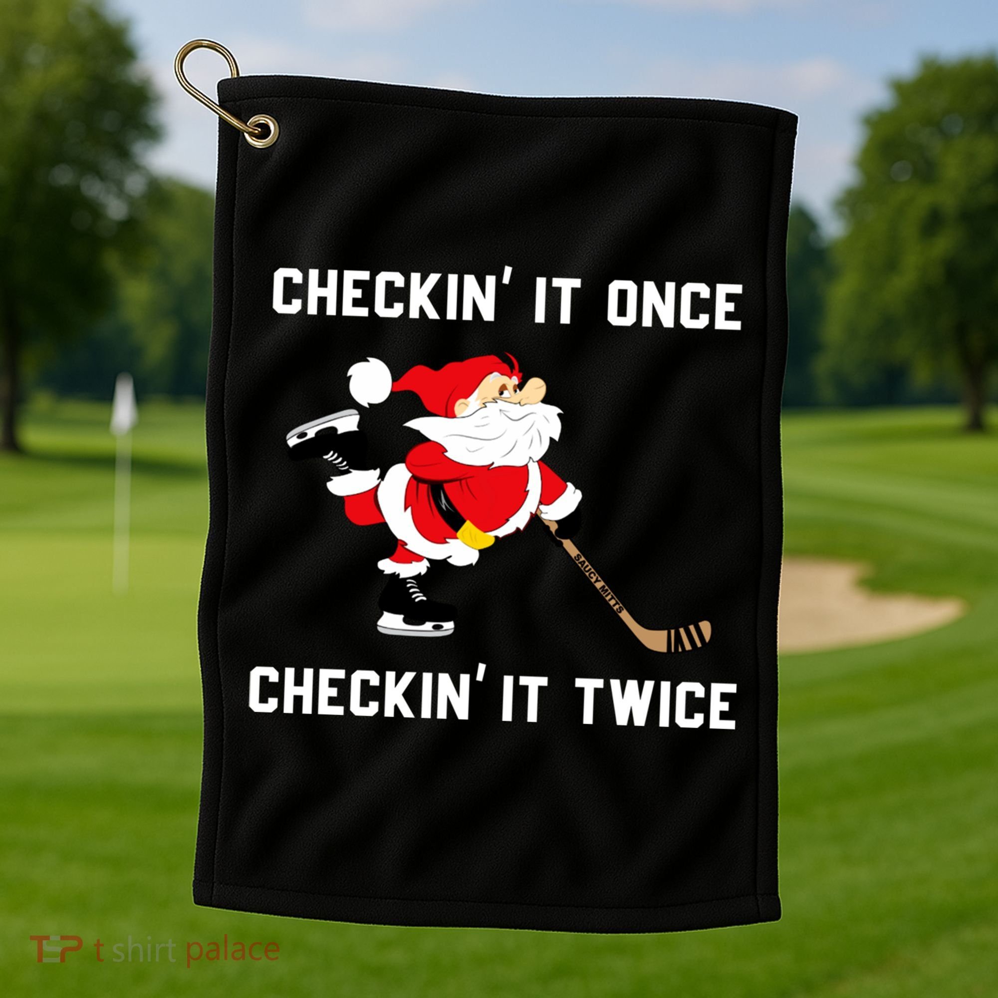 Funny Santa Clause Christmas Ice Hockey For Boys Great Gift Golf Towel