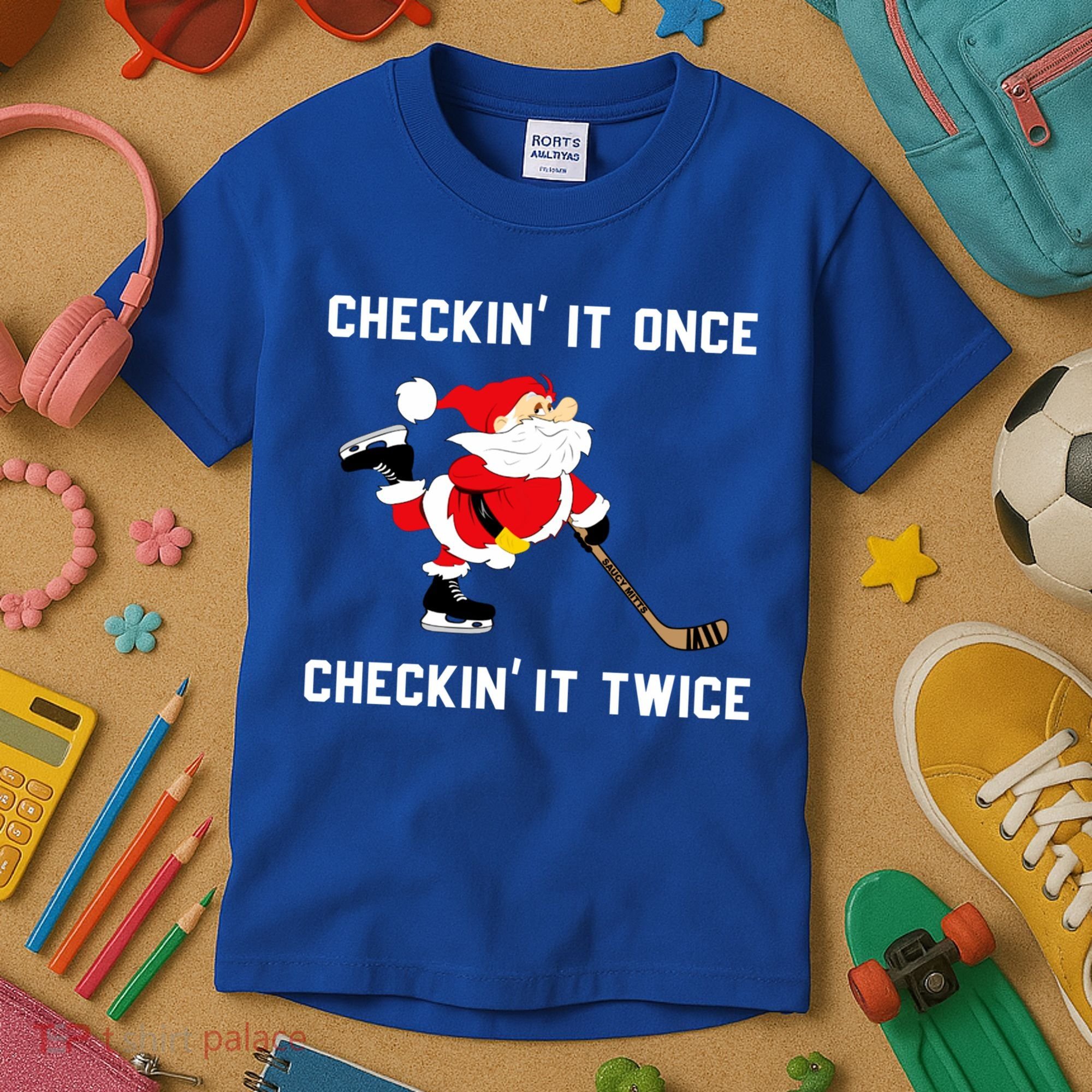 Funny Santa Clause Christmas Ice Hockey For Boys Great Gift Kids T-Shirt