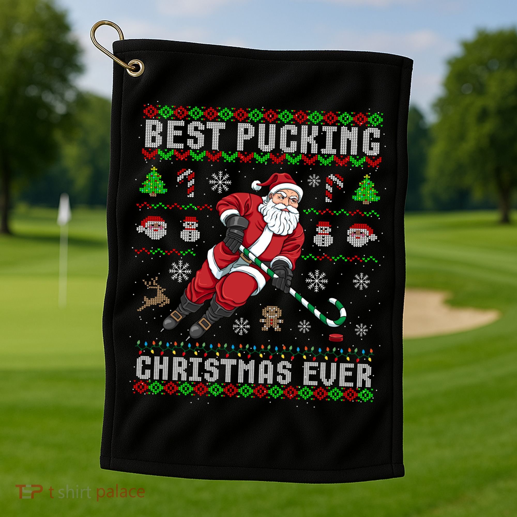 Funny Santa Claus Ugly Christmas Ice Hockey Best Pucking Gift Golf Towel