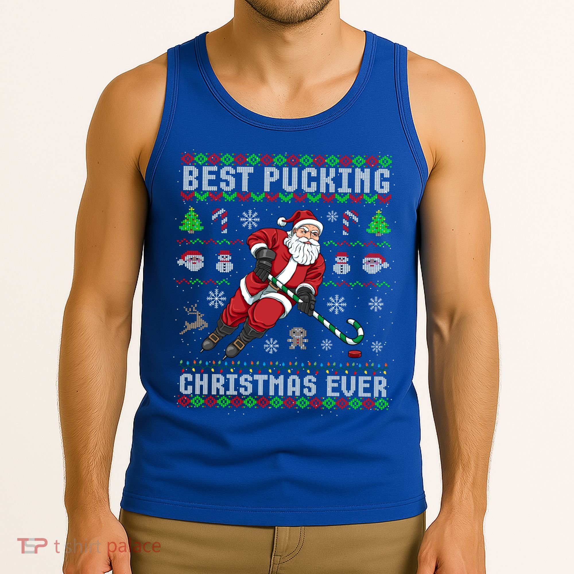 Funny Santa Claus Ugly Christmas Ice Hockey Best Pucking Gift Tank Top