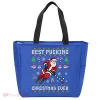 Funny Santa Claus Ugly Christmas Ice Hockey Best Pucking Gift Tote Bag thumb 0