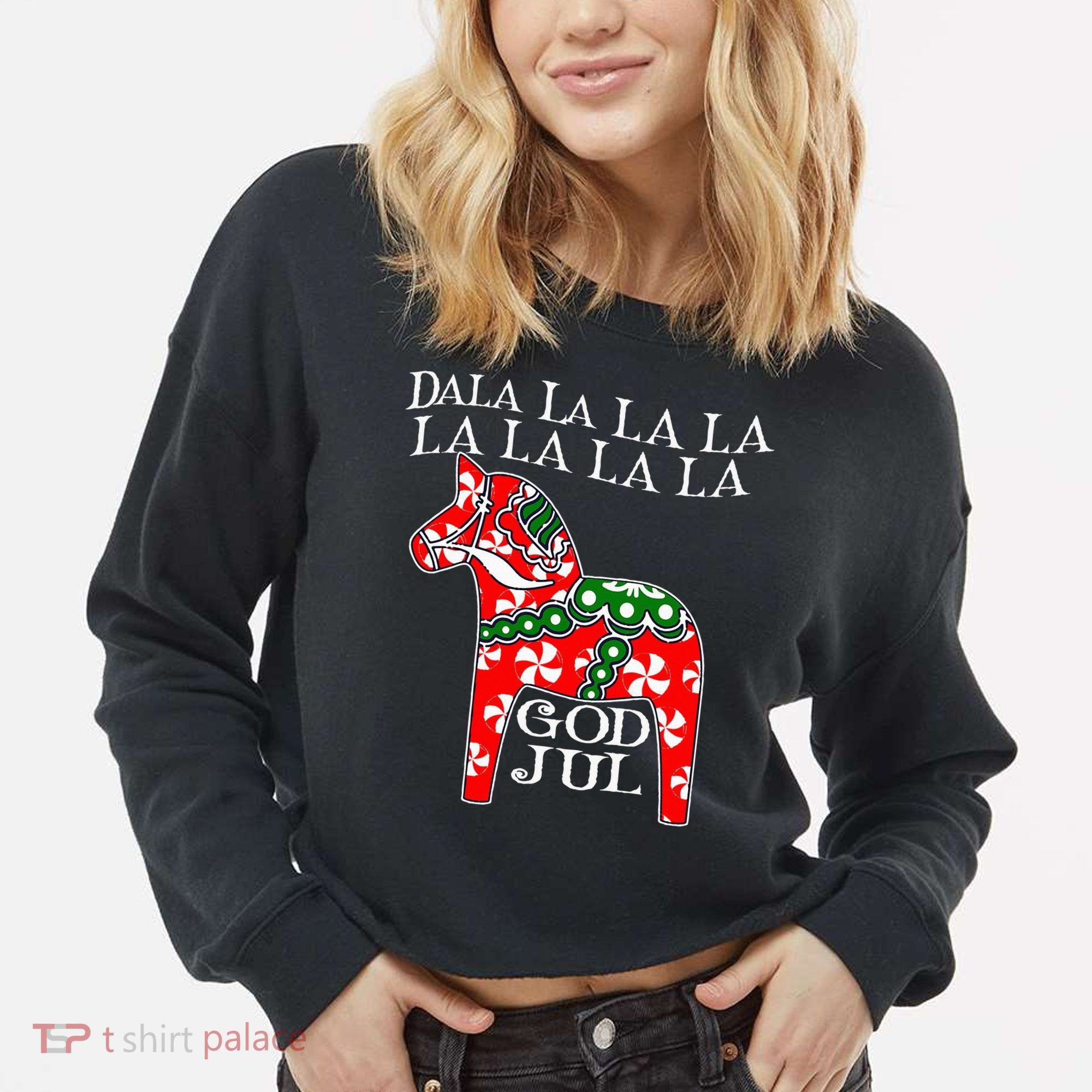 Funny Swedish Christmas God Jul Dala Horse Dalahost Cropped Pullover Crew