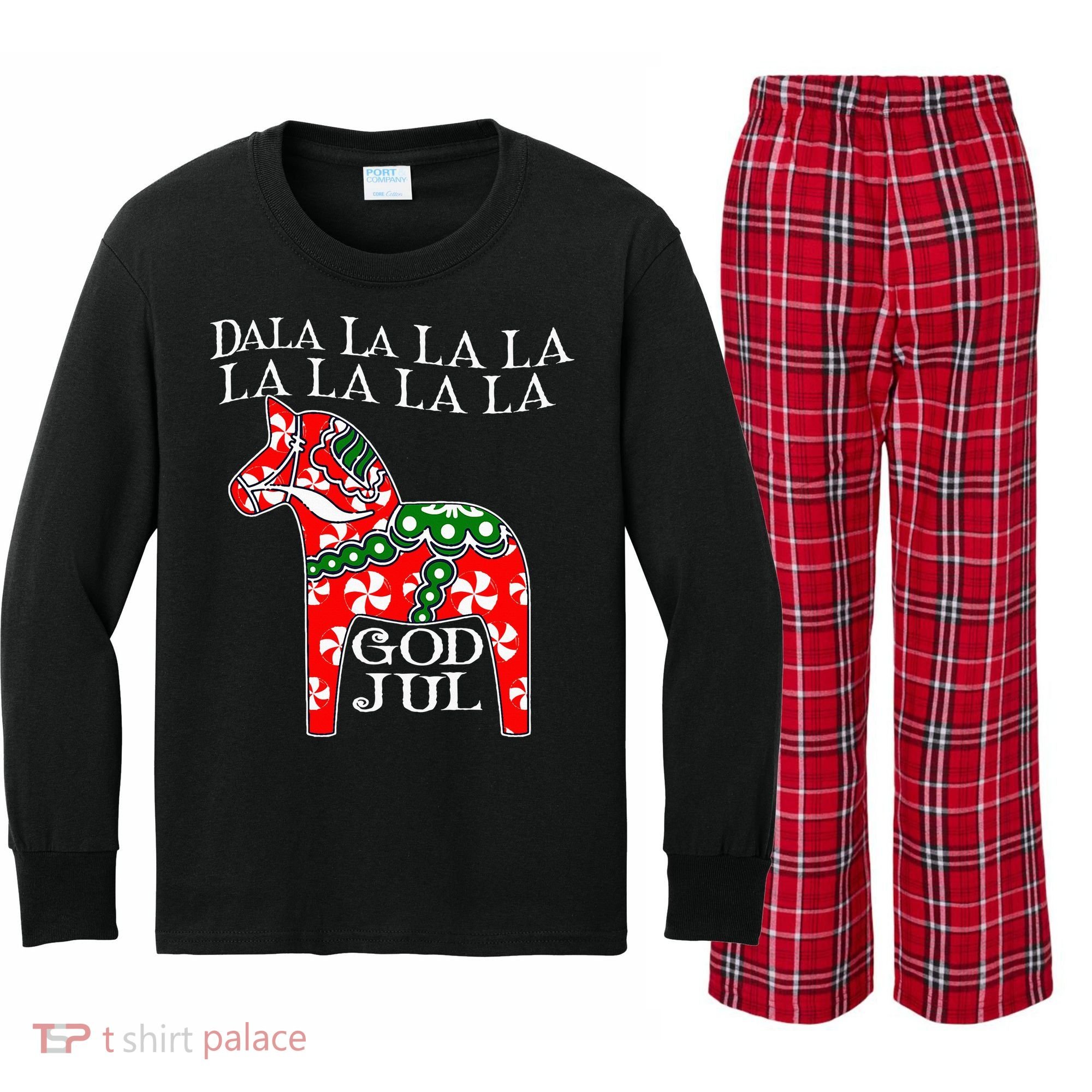 Funny Swedish Christmas God Jul Dala Horse Dalahost Kids Long Sleeve Plaid Pajama Set