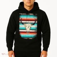 Funny Serape Cow Boho Print Flower Rustic Turquoise Hoodie thumb 2
