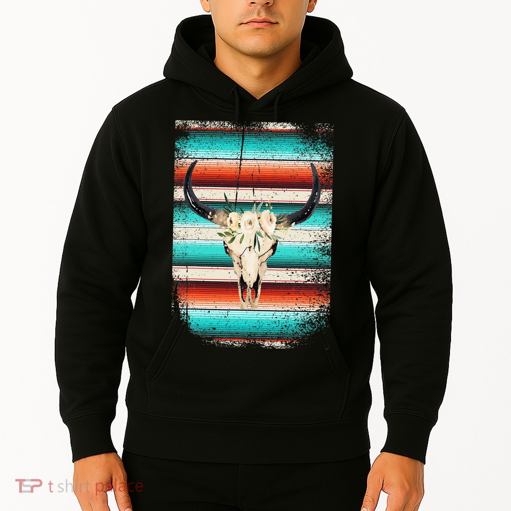 Funny Serape Cow Boho Print Flower Rustic Turquoise Hoodie