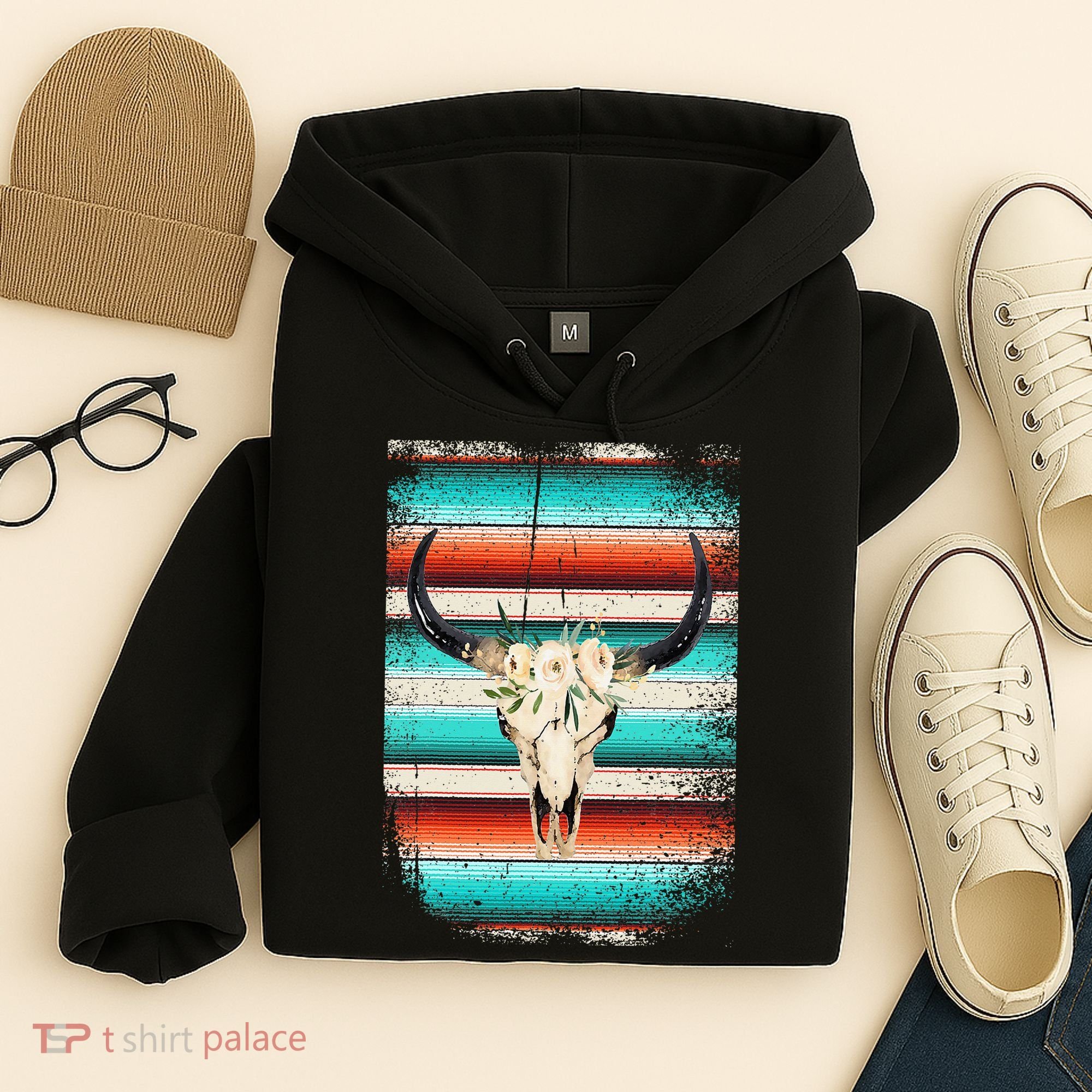 Funny Serape Cow Boho Print Flower Rustic Turquoise Hoodie