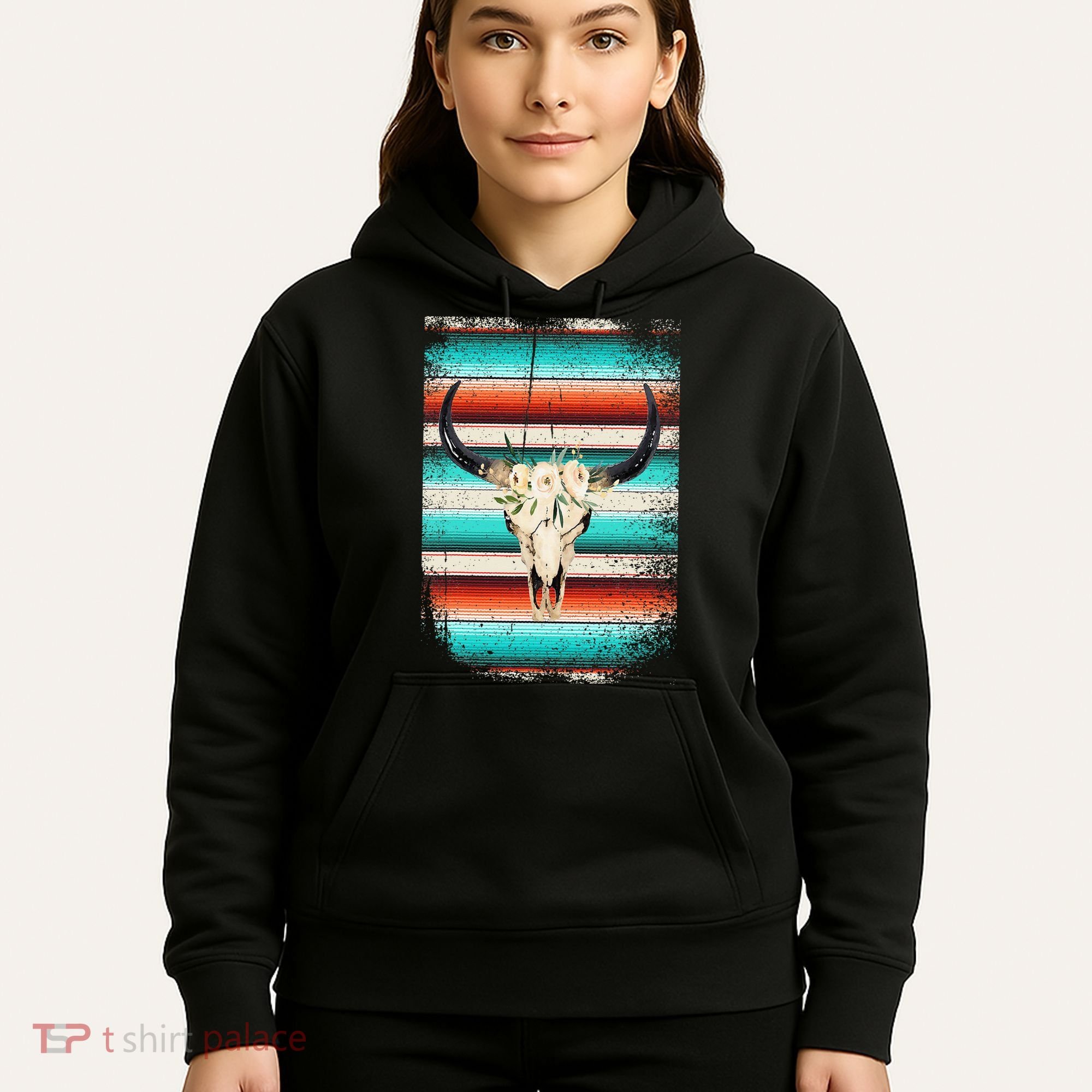 Funny Serape Cow Boho Print Flower Rustic Turquoise Hoodie