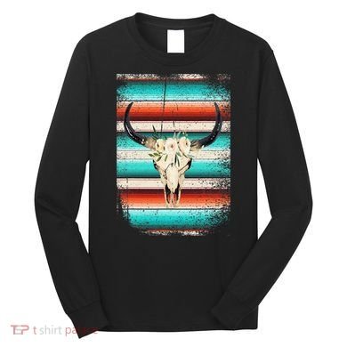 Funny Serape Cow Boho Print Flower Rustic Turquoise Long Sleeve Shirt