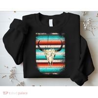 Funny Serape Cow Boho Print Flower Rustic Turquoise Sweatshirt thumb 2
