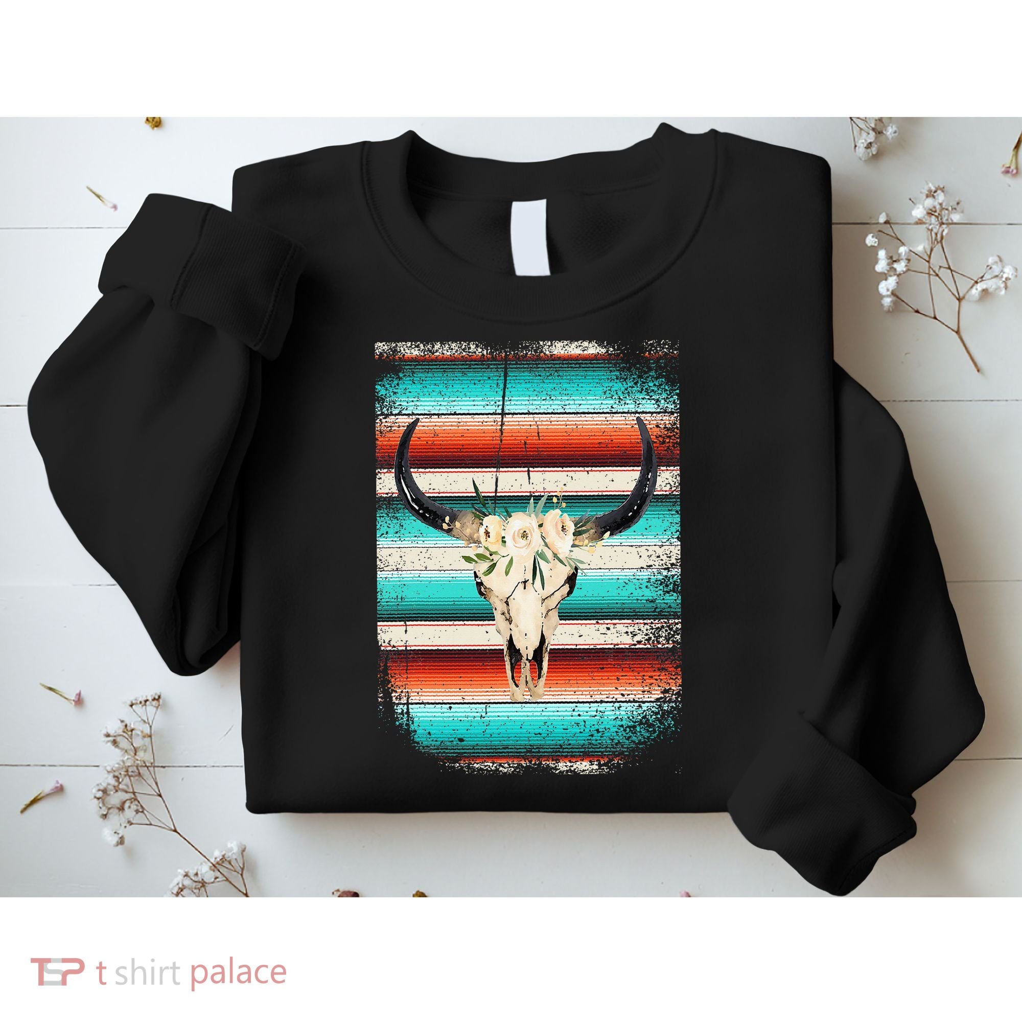 Funny Serape Cow Boho Print Flower Rustic Turquoise Sweatshirt