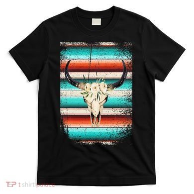 Funny Serape Cow Boho Print Flower Rustic Turquoise T-Shirt