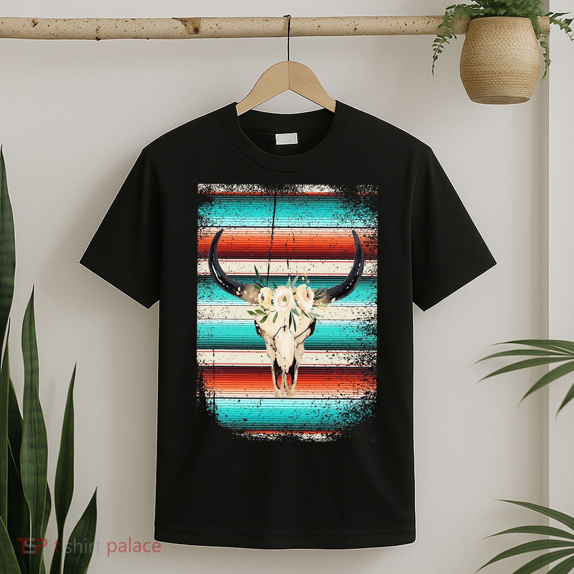 Funny Serape Cow Boho Print Flower Rustic Turquoise T-Shirt