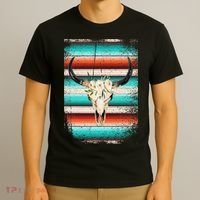 Funny Serape Cow Boho Print Flower Rustic Turquoise T-Shirt thumb 3