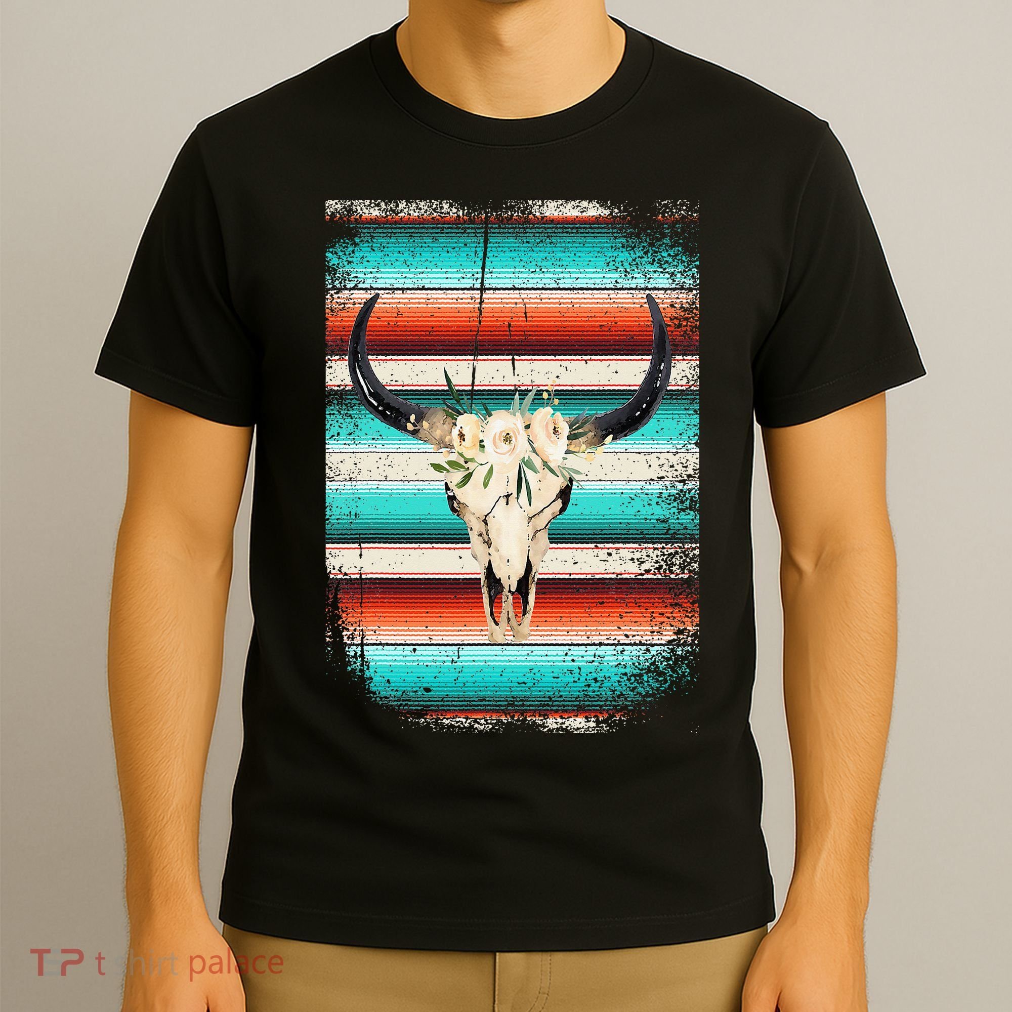Funny Serape Cow Boho Print Flower Rustic Turquoise T-Shirt