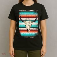 Funny Serape Cow Boho Print Flower Rustic Turquoise T-Shirt thumb 4