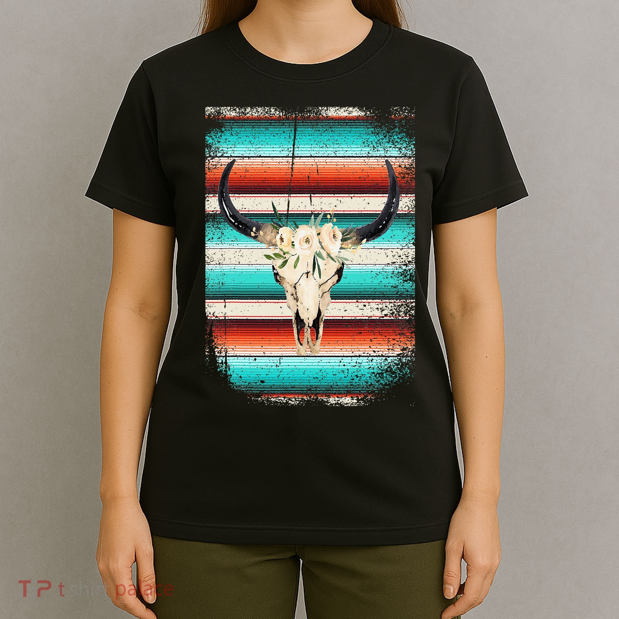 Funny Serape Cow Boho Print Flower Rustic Turquoise T-Shirt