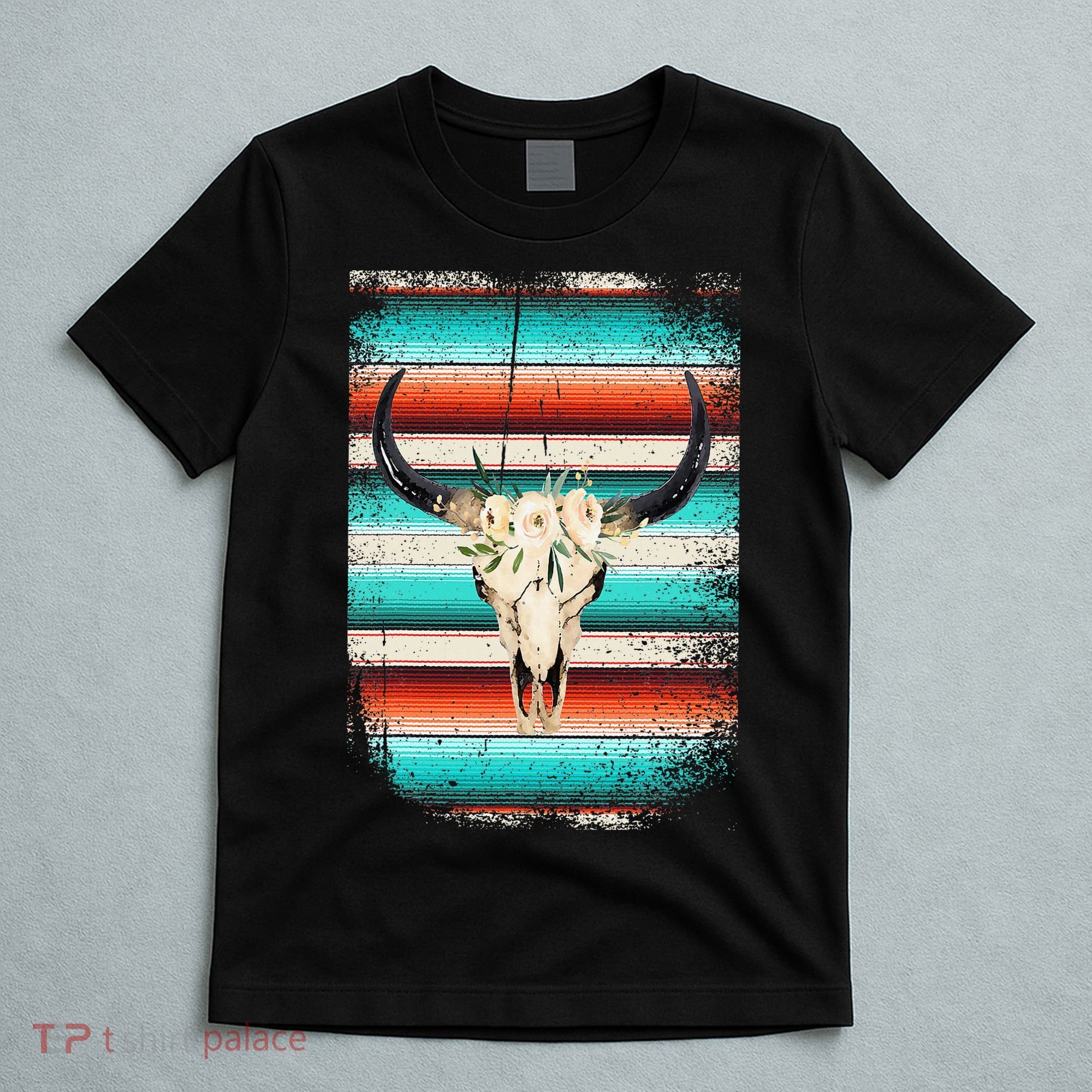 Funny Serape Cow Boho Print Flower Rustic Turquoise T-Shirt