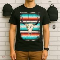 Funny Serape Cow Boho Print Flower Rustic Turquoise T-Shirt thumb 6