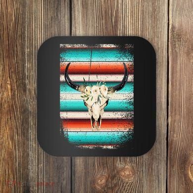 Funny Serape Cow Boho Print Flower Rustic Turquoise Coaster