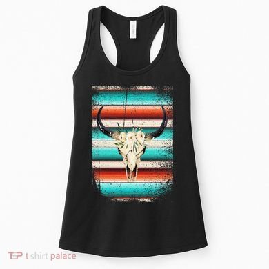 Funny Serape Cow Boho Print Flower Rustic Turquoise Women's Tank Top
