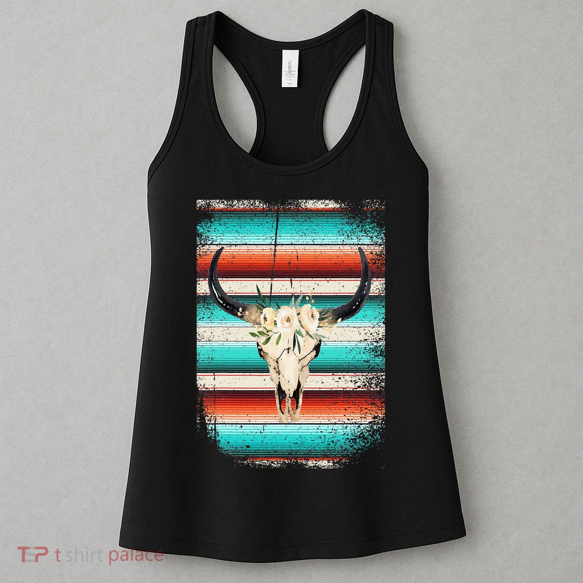 Funny Serape Cow Boho Print Flower Rustic Turquoise Women's Tank Top
