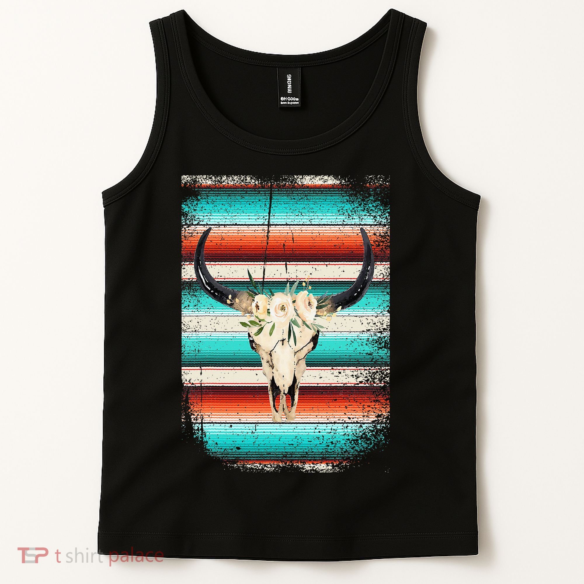 Funny Serape Cow Boho Print Flower Rustic Turquoise Tank Top