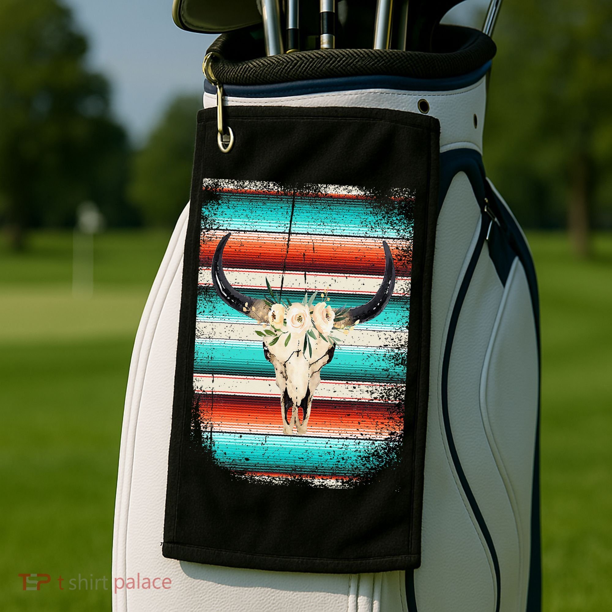Funny Serape Cow Boho Print Flower Rustic Turquoise Golf Towel